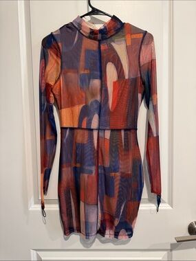Fashion Nova Abstract Multi-Color Long Sleeve Mesh Mini Dress